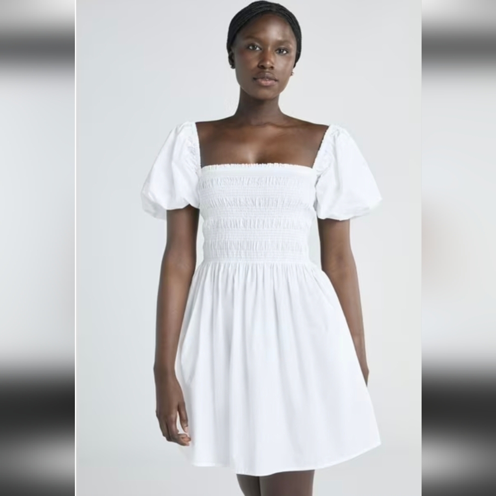 White Puff-Sleeve Smocked Mini Dress